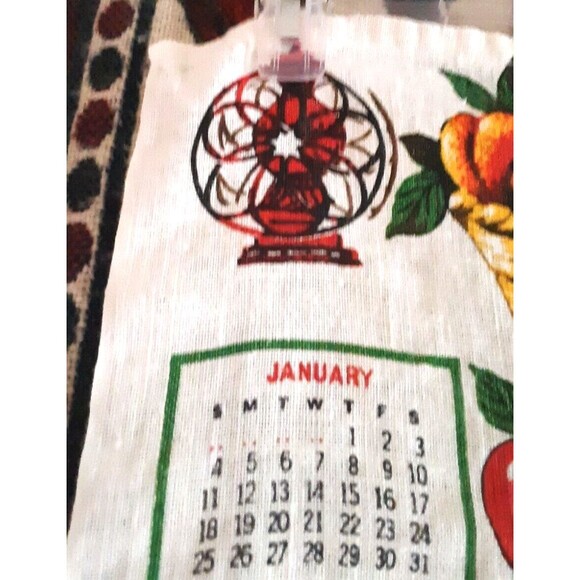Wall Calendar 1976 Linen Kitchen Tea Towel 16x27 Peaches Teapot Flowers Blessing - Picture 3 of 12